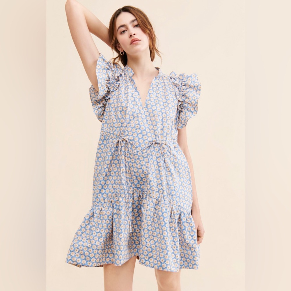 Anthropologie Blue and White Daisy Print Mini Dress